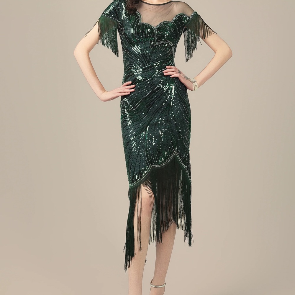 Elegant Green Sequin Fringe Dress with accessories